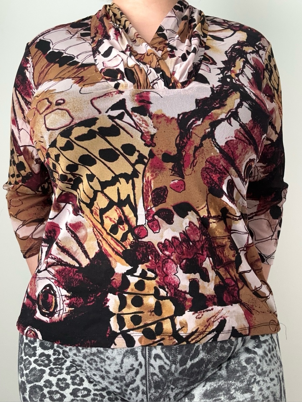 90s y2k style abstract peacock mesh layered cowl neck top
